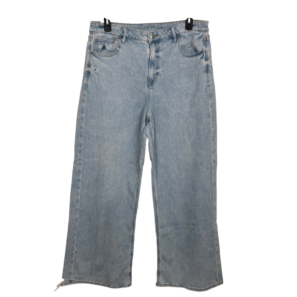 American Eagle Super High-Rise Baggy Wide Leg Jeans Light Wash Distressed 16